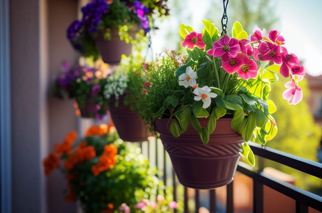 Plants and flowers in pots hanging from a condominium balcony in the style of a realistic photo and made with Generative AI