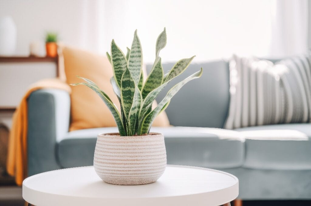 Sansevieria or snake plant in a pot on blurred living room interior background. Generative AI.